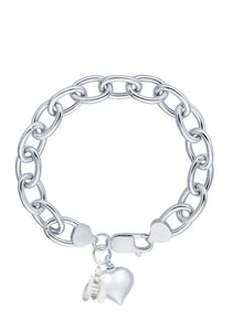 Bee Love, Sterling Silver 5.2mm Cable Chain Bracelet with Puff Heart & Bee Charm